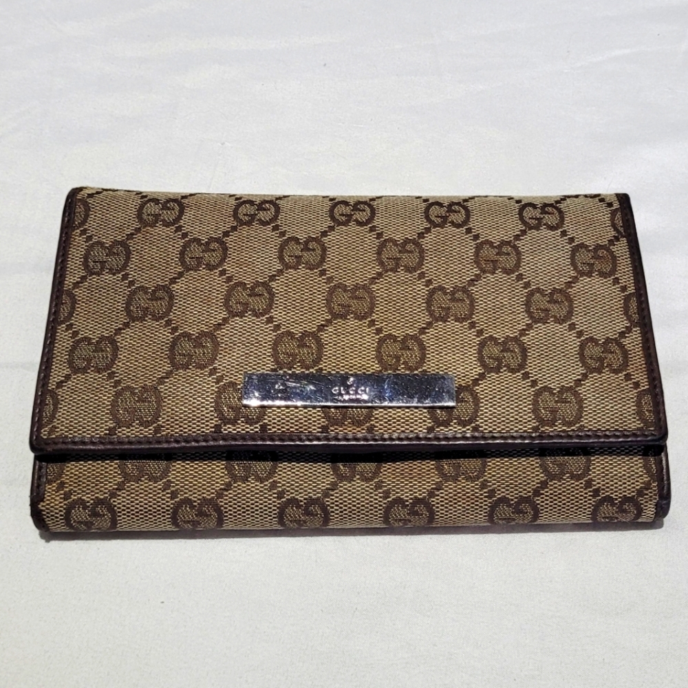 Gucci Brown Tan Wallet Card Holder Twist Lock Clutch Vintage Graphic Web Print